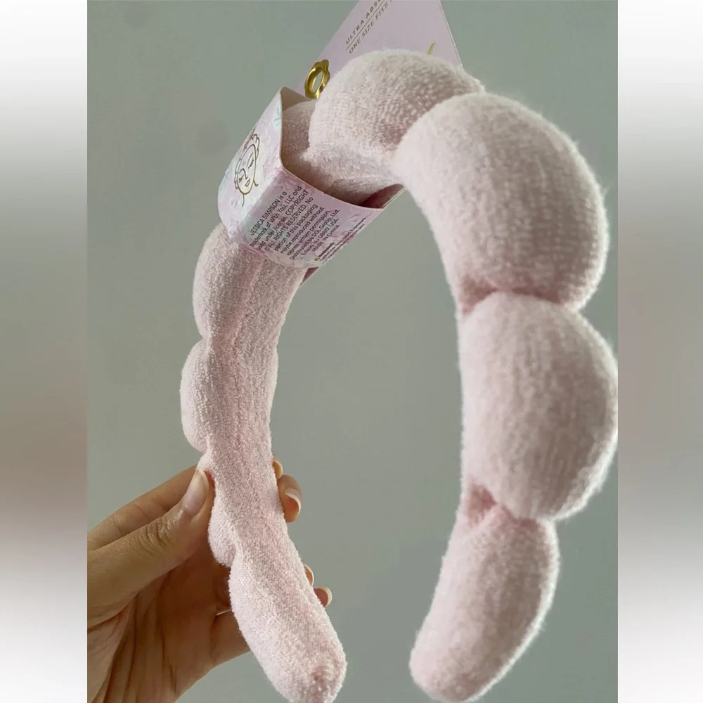 Jessica Simpson Pink plush Spa Bubble washing face Makeup Absorbent Headband NWT